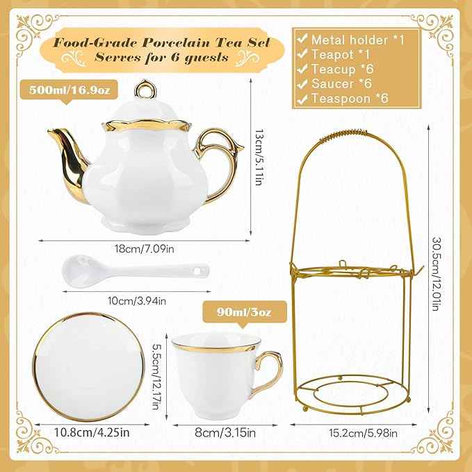 20 Pcs Porcelain Tea Set with Metal Holder, European Ceramic Tea Set for Adults, Coffee Tea Gift Sets, French Tea Cup Saucer Set for Party With Gold Trim (French White)