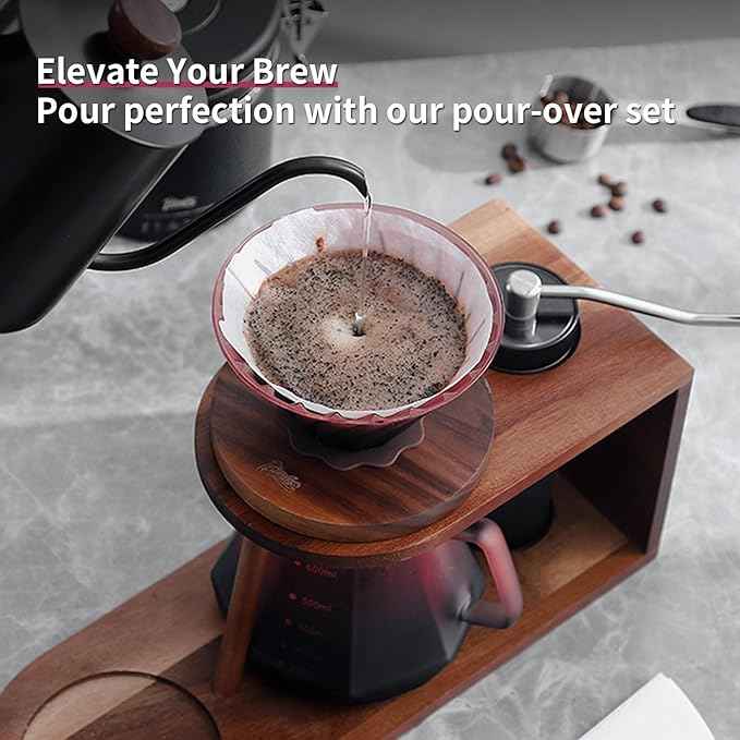 Bincoo Pour Over Coffee Maker Set - Borosilicate Glass Dripper with Walnut Handle & Glass Lid, 50 pcs Paper Filters Included
