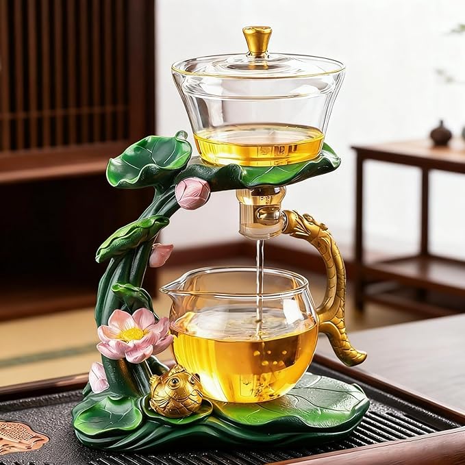 Lazy Kungfu Glass Tea Set Heat Resistant Semi Automatic Drip Rotating with Infuser Magnetic Teapot Set for Gongfu Tea Making Ideal (Lotus Fish)