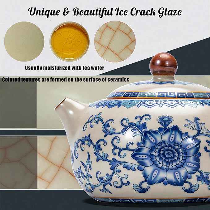 Floral Tea Pot & Tea Cup Set, Classic Blue and White Porcelain, Ice Crack Glaze, Chinese Kungfu Teapot and Teacups Set, Gift Box Packaging