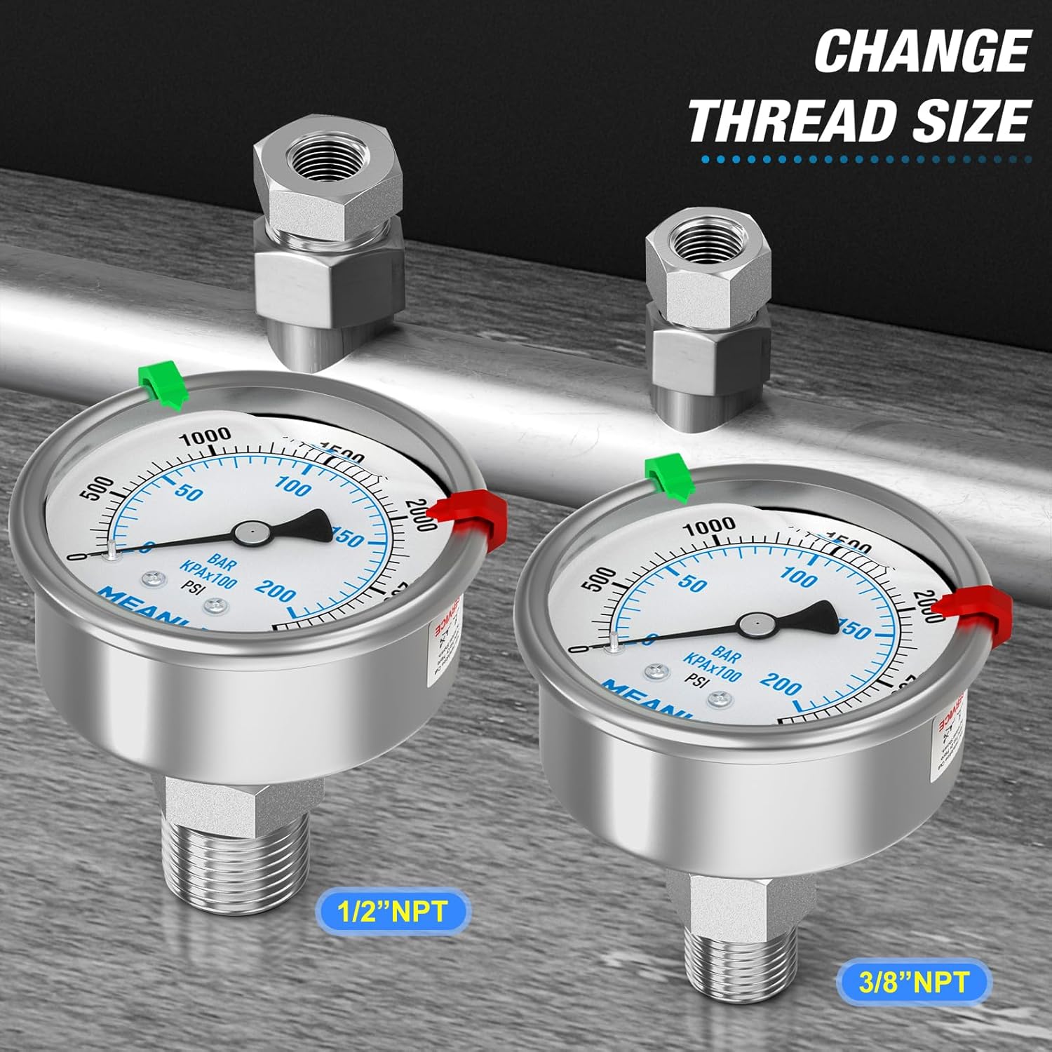MEANLIN MEASURE 0~3000Psi Stainless Steel Liquid Filled Pressure Gauge 2.5" FACE DIAL 1/4" NPT for WOG Water Oil Air Back Mount with Stainless Steel Hex Bushing and Snaps