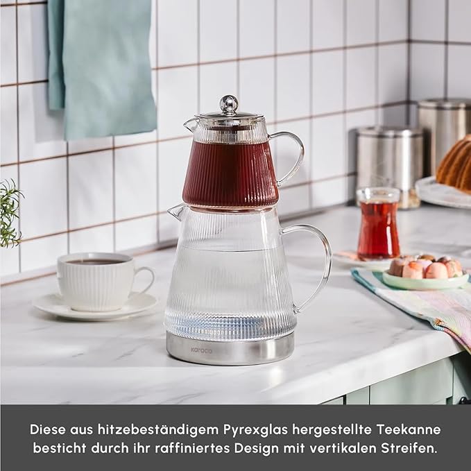 Karaca Keops Turkish Small Teapot with Infuser and Lid (450 ml Tea Pot & 1500 ml Induction Kettle) - Borosilicate Glass Small Teapot Set for Stovetops - Clear Tea Maker with 10-15 Cups Capacity