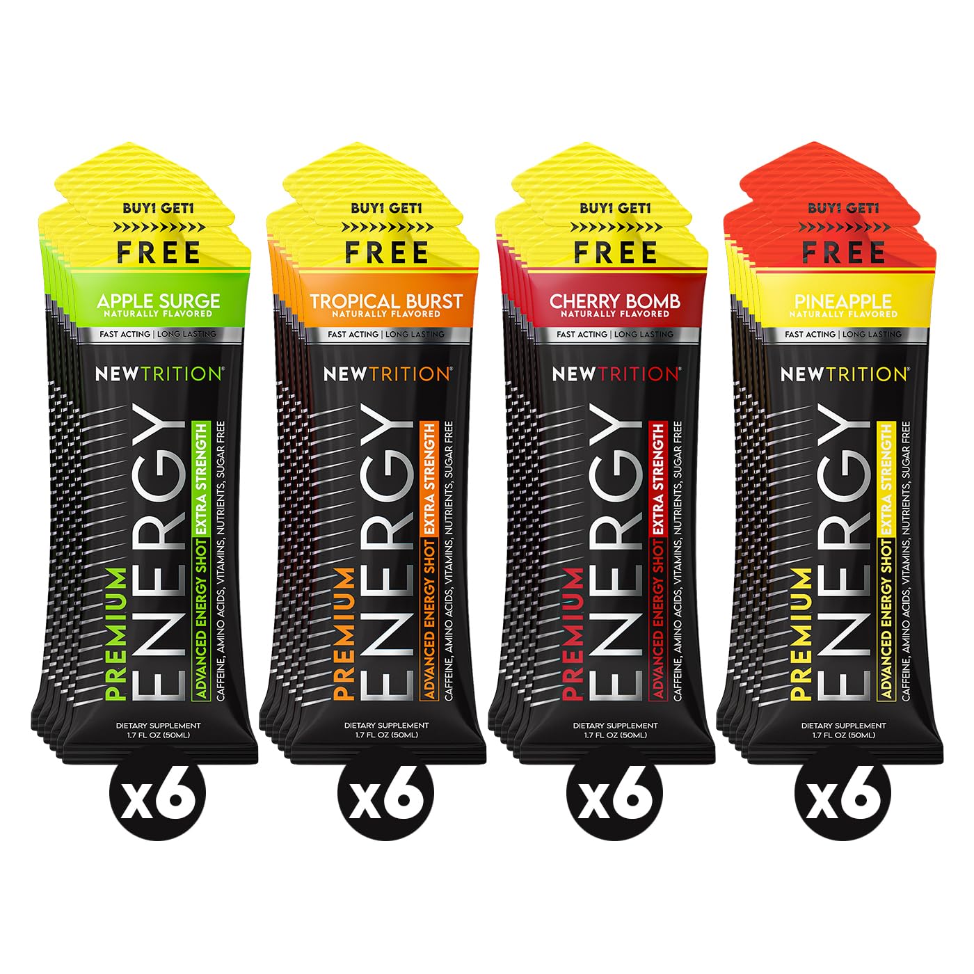 NewTrition® Extra Strength Energy Shots, 250mg Caffeine Energy Shots with Vitamin B & Amino Acids, Sugar-Free Vitamin Energy Shot, 1.7 fl oz (Pack of 24, 4 Flavors-Mixed-2)