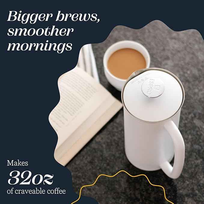 ESPRO P7 French Press Coffee Maker - Double-Walled Stainless Steel Insulated with Micro-Filter, 32 Ounces, Matte White