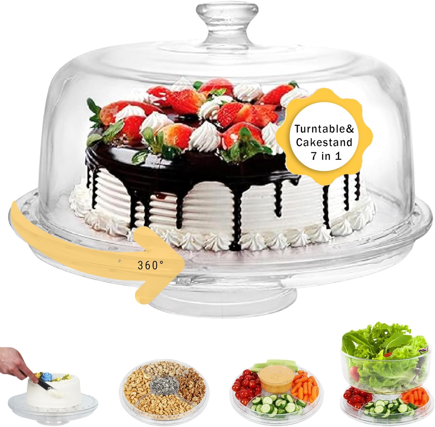 7 in 1 Multifunctional Acrylic Cake Stand with Lid & Cake Turntable for Decorating (12