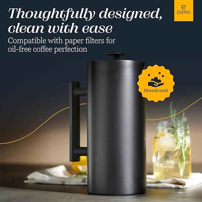 ESPRO P6 32 Ounces French Press Coffee Maker, Double Walled Stainless Steel Insulated, Matte Black