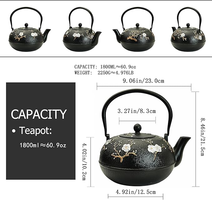 YJX 60.9oz Large Cast Iron Teapot for Stovetop, Japanese Tetsubin, Heavy and Durable Tea Pot, Tea Kettle with Stainless Steel Infuser for Loose Tea, Floral Pattern(1800ML)