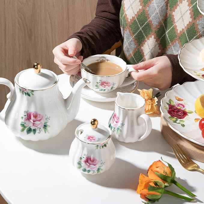 Sweejar Porcelain Tea Sets British Royal Series, 8 OZ Cups & Saucer Service for 6, with Teapot Sugar Bowl Cream Pitcher Teaspoons and Tea Strainer, Suitable for High Tea, Wedding, Party(Blush Pink)