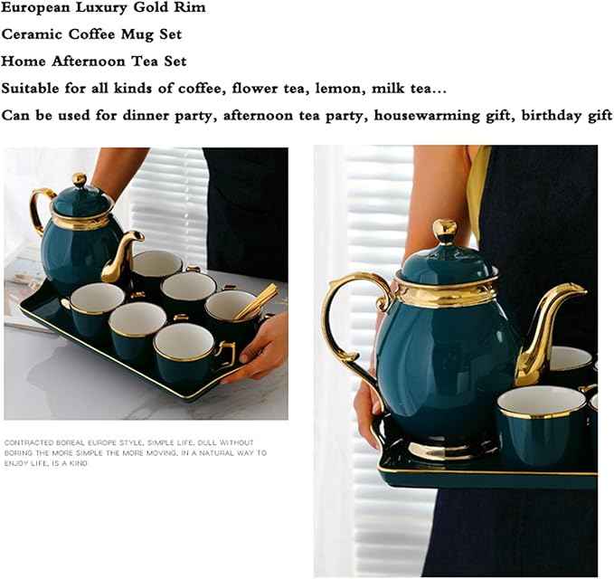 Tea Cups and Tray Set of 14 Pieces,Luxury Set with Teapot, Afternoon Tea Coffee Cups with Ceramic Tray, British Porcelain Tea Party Set for Kitchen,A