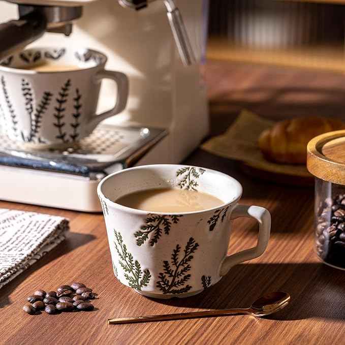 Mug Set of 2 Coffee Mugs Set 11 Ounce, Porcelain Cups for Latte, Hot Tea, Cappuccino, Cocoa, Soup, Dishwasher, Microwave Safe, Christmas Gift Set (Bean leaf & Vines)