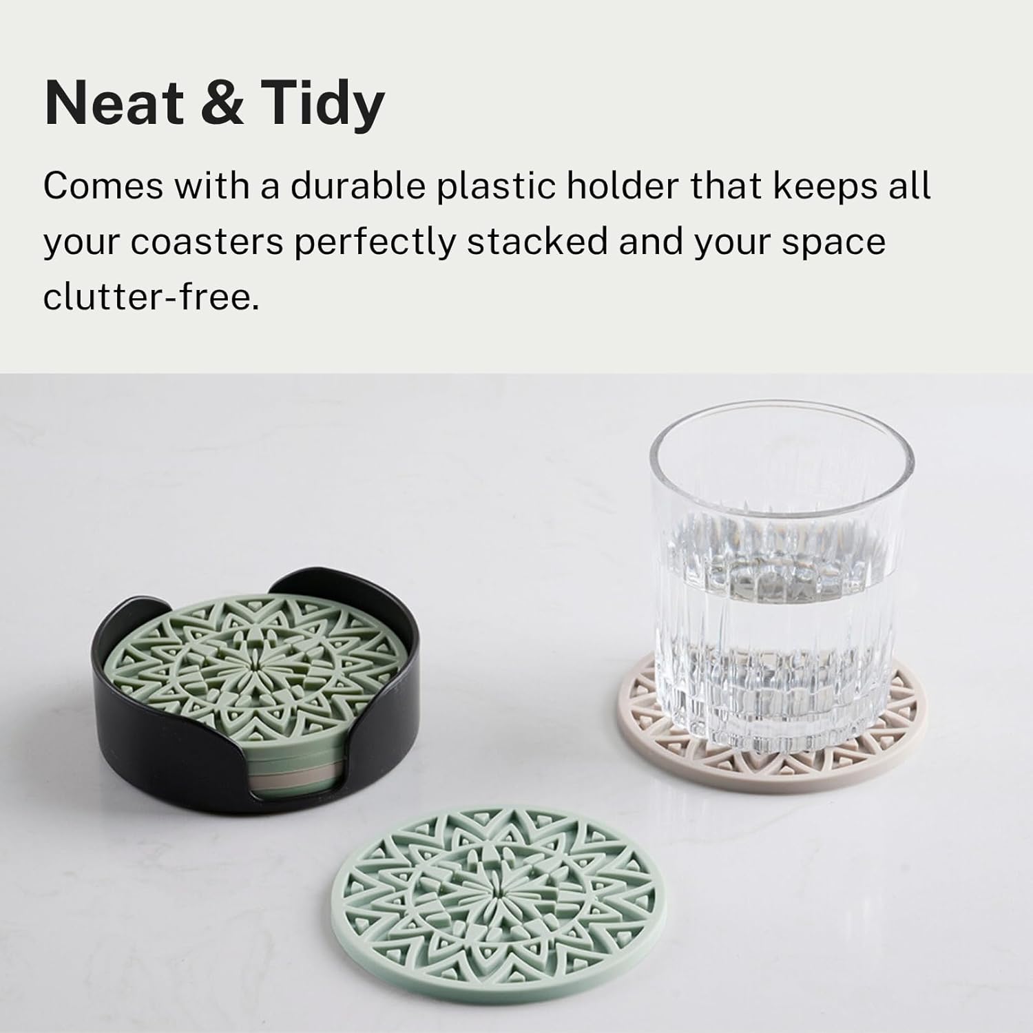 Set of 6 Teal Silicone Coasters with Holder, Drink Coasters with Tribal Pattern Shape- for Table Protection, Anti Slip, Nonstick, Heat Resistant, Deep Tray