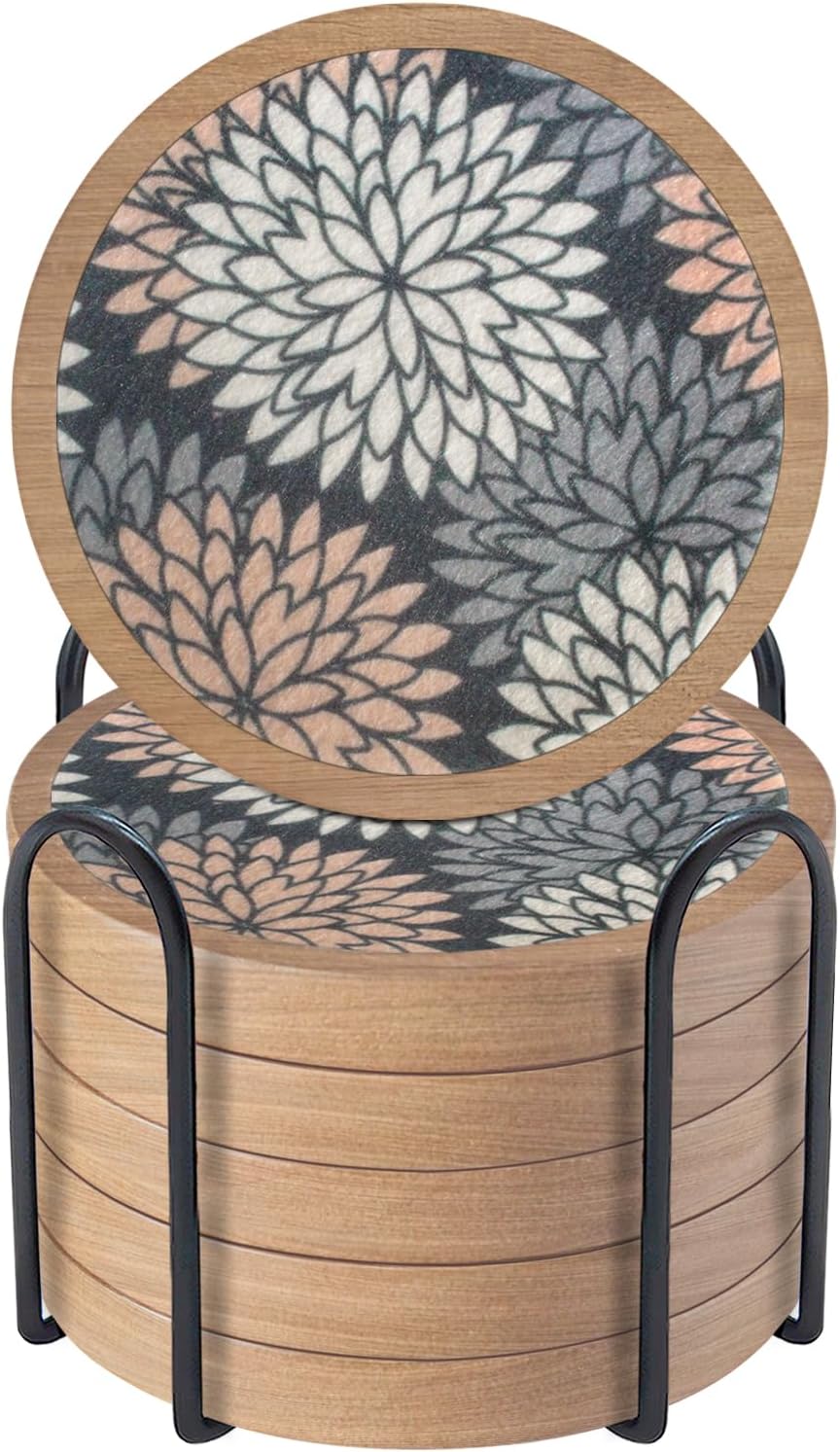 Wood Coasters Set of 6 with Holder, Cewiru Cup Mat for Drinks, Absorbent Coasters with Felt Insert for Coffee Table Protection, Modern Style Home Dining Table Decor, 4.3