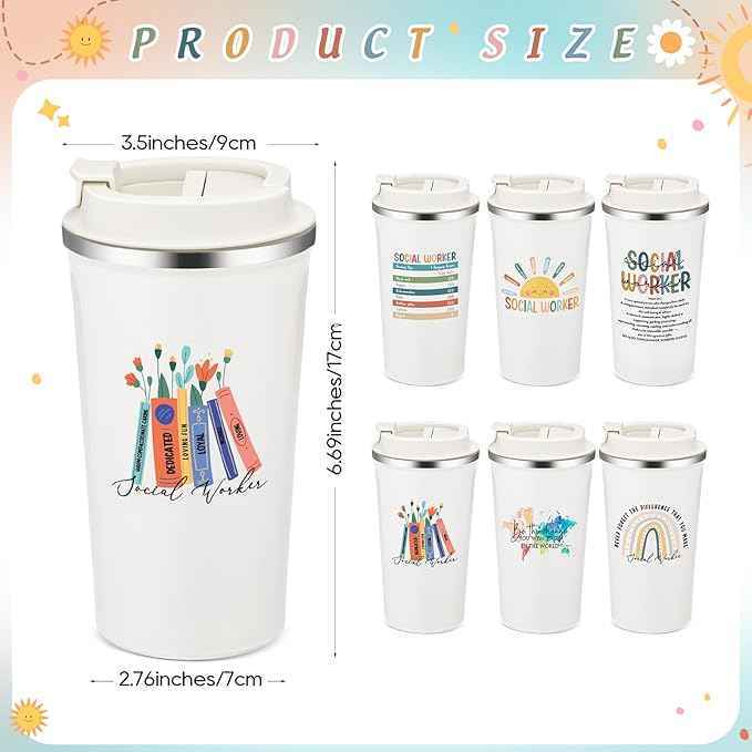 Yungyan 6 Pcs Social Work Month Gifts Social Worker Appreciation Gifts for Women Men Coworker Office Stainless Steel Insulated Tumblers Coffee Travel Mug Cup with Lid for Bsw Msw Dsw