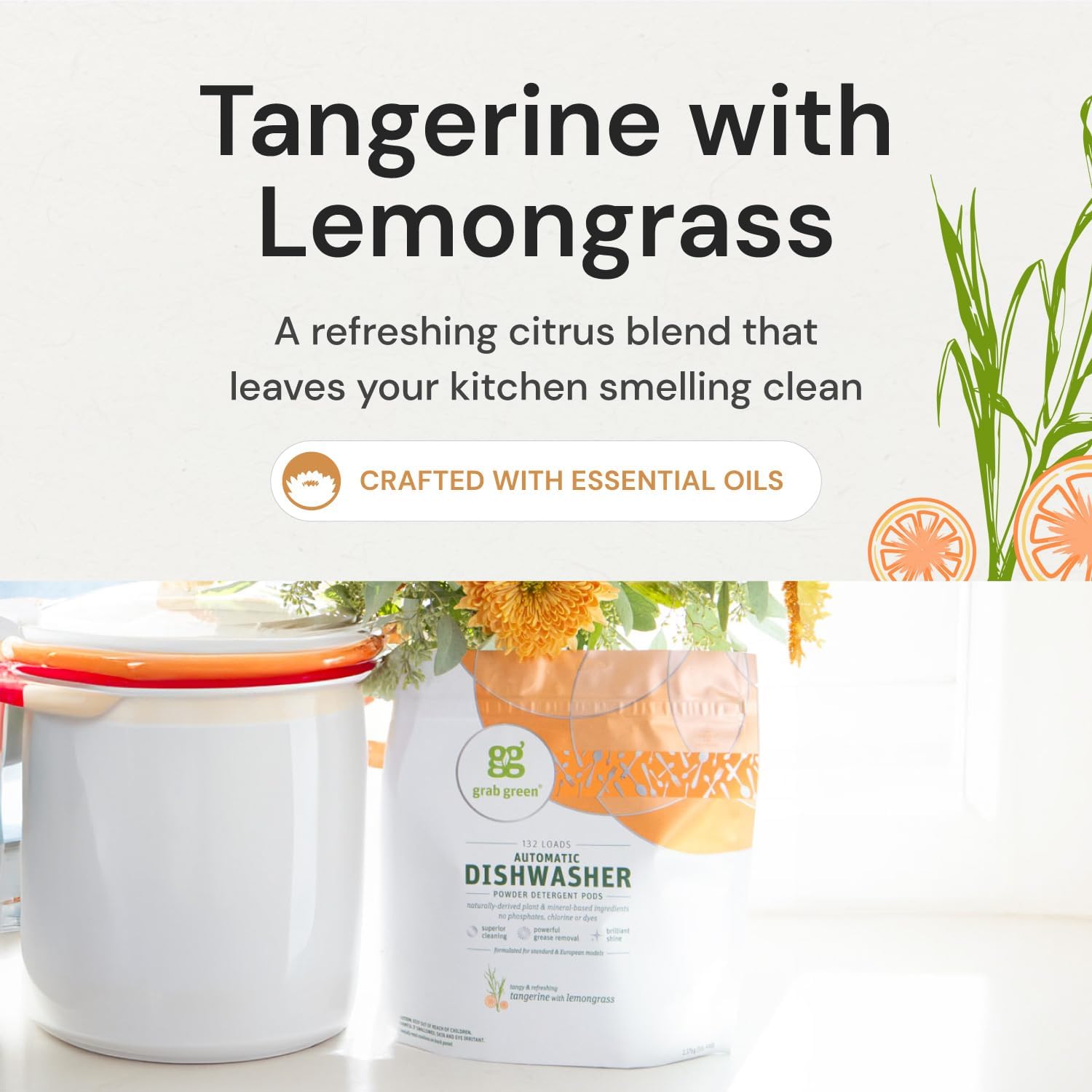 Grab Green Automatic Dishwashing Detergent Pods, 60 Count, Tangerine Lemongrass Scent, Plant and Mineral Based, Superior Cleaning, Powerful Grease Removal, Brilliant Shine - Blissbrew