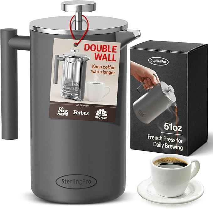 Stainless Steel French Press Coffee Maker 1.5 L (51 oz) Grey – Double Walled Insulated Large Coffee Press, Durable Design Keeps Drinks Hot, Easy to Use and Clean for Rich Flavor Brewing