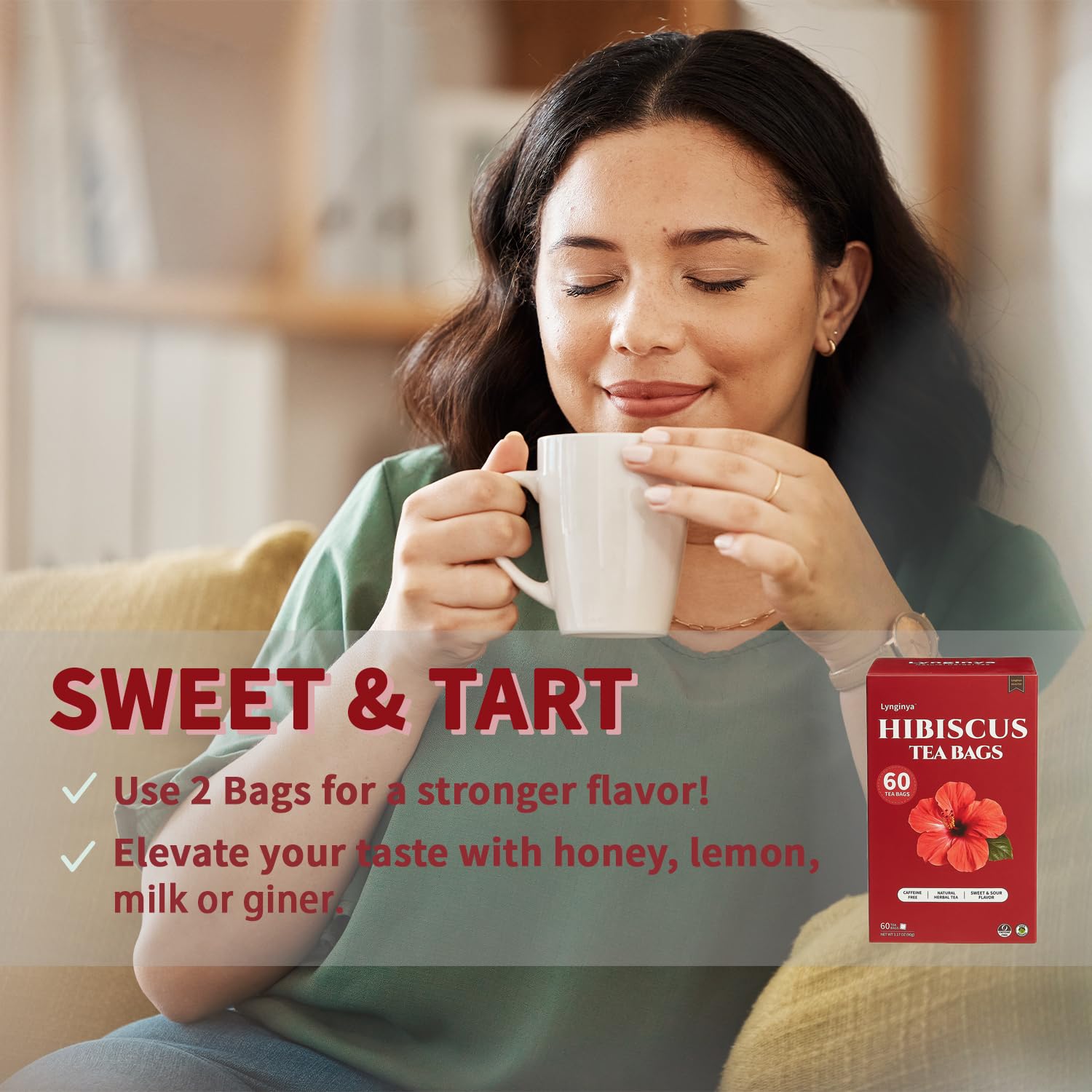 Lynginya Hibiscus Tea Bags, 60 Tea Bags (Pack of 2) - Premium Hibiscus Flower - Natural Herbal Tea - Sweet & Tart - No Sugar & No Caffeine - Total 120 Bags