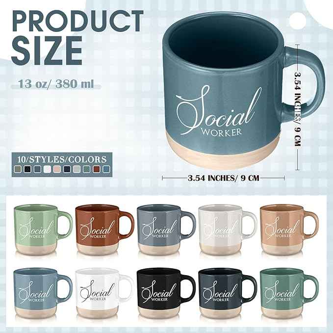 10 Pcs Social Worker Appreciation Gifts Bulk 13 oz Ceramic Coffee Mugs Social Worker Month Thank You Cups for BSW MSW DSW LCSW Must Haves Office Work, 10 Colors