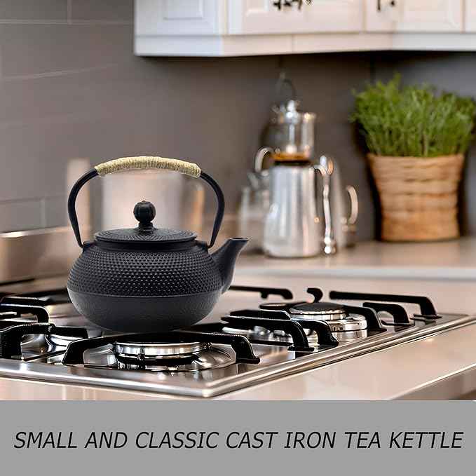 20.3oz Small Cast Iron Teapot Set with Warmer, Japanese Black Tea Kettle for Stovetop Safe, Teapot and Cups Set, Tea Pot with Stainless Steel Infuser for Loose Tea(600ml)