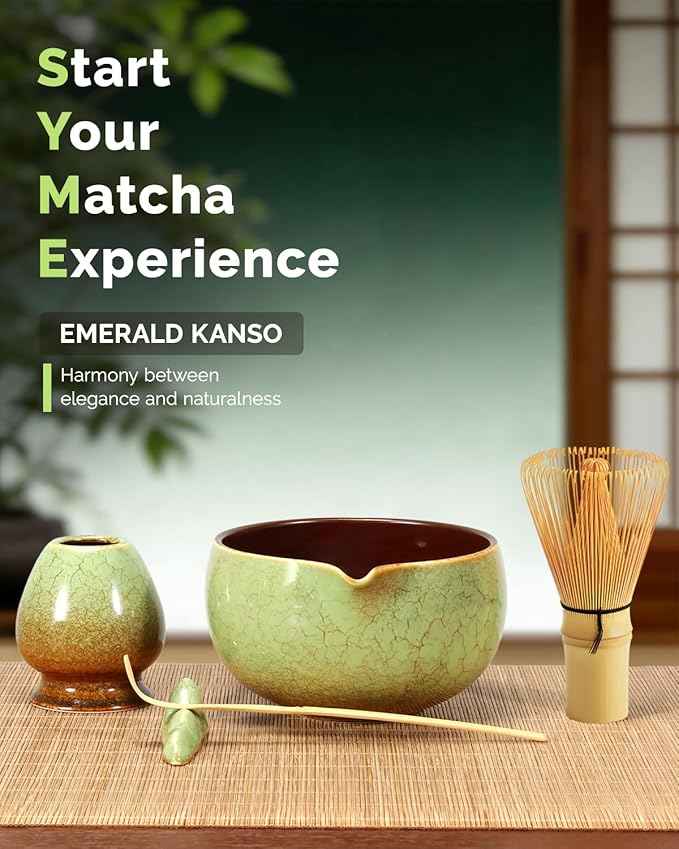 Maestri House Matcha Whisk Set, 7-Pc Complete Matcha Kit with Spouted Ceramic Bowl, Bamboo Whisk and Holder, Scoop, Spoon Rest & Sifter, Tea Cloth – Ideal Gift for Matcha Lovers (Verdant Abyss)