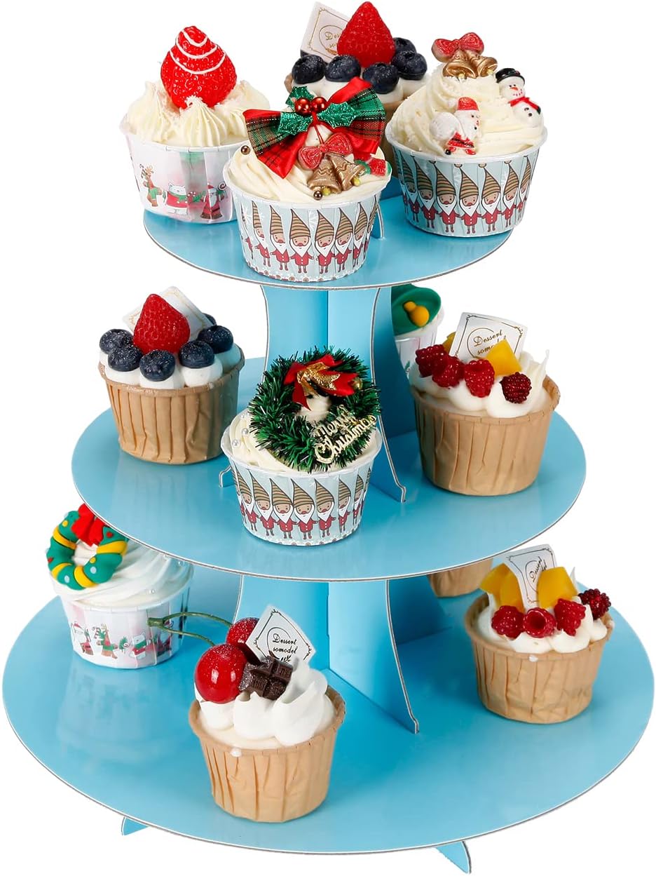 2Pcs 3-Tier Cupcake Stand, Cake Stand holder, Tiered DIY Cupcake Stand Tower for Dessert Table Displays, Birthday Theme Party Favors Decoration, Floral Tea Party, 12" W x 12.8" H, Light Blue