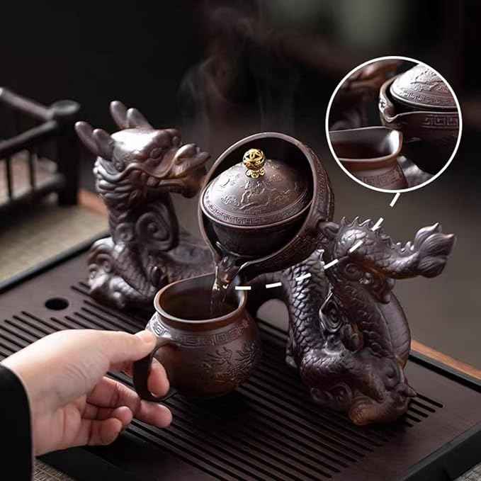 Chinese Gongfu Tea Set - Ceramic 360 Rotating teapot with Infuser, 8Cups, Semi Automatic Dragon Design for Loose Leaf Tea (Gift Box Set)