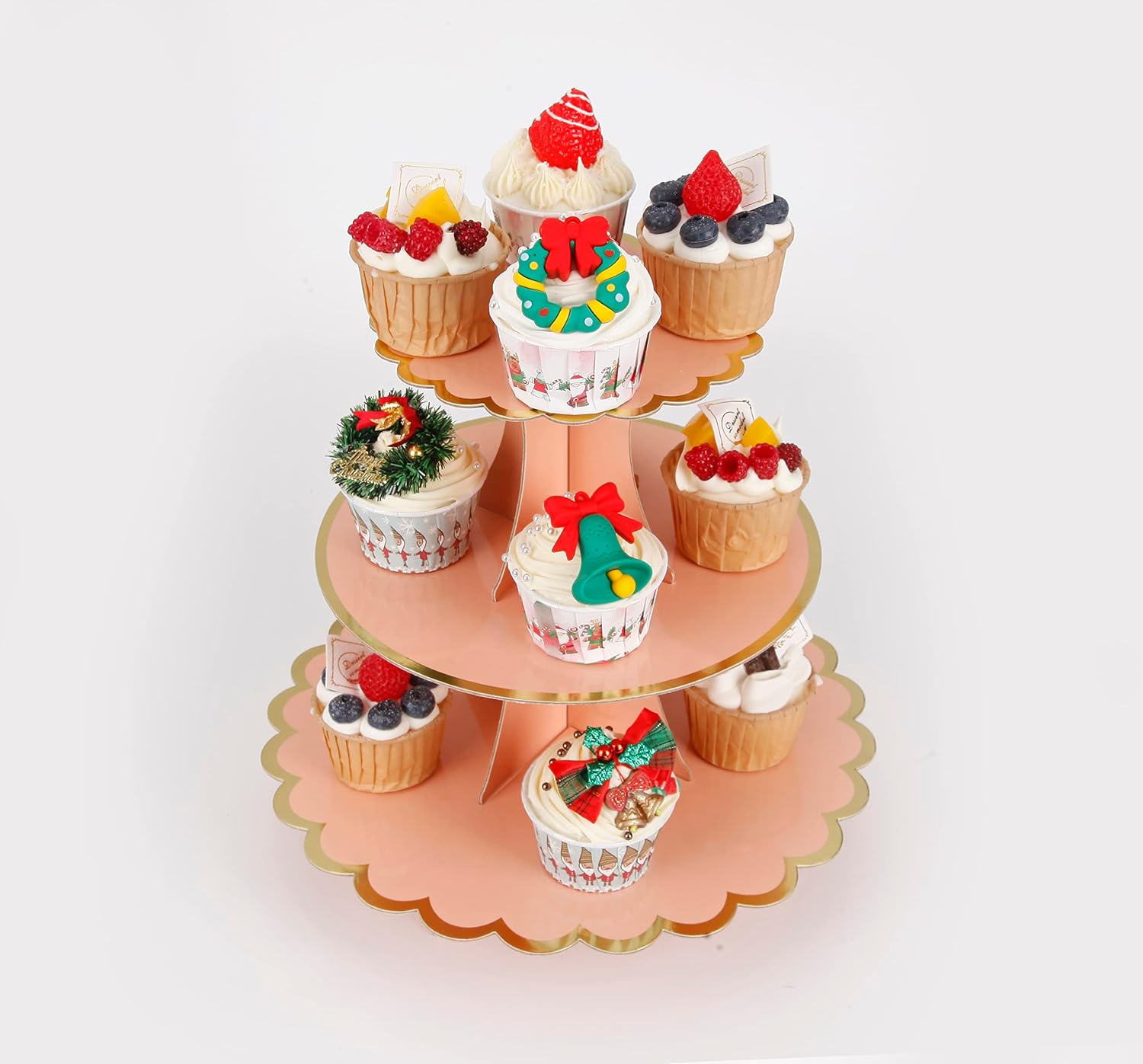 3-Tier Cupcake Stand, Pink Cake Stand Holder, Lace Tiered DIY Cupcake Stand Tower for Dessert Table Displays, Birthday Theme Party Favors Decoration, Floral Tea Party, 12
