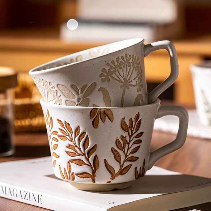 Coffee Mugs Set of 4 with Gold Spoon, 11 oz Porcelain Mug, Ceramic Tea Cups with Handle for Men Women, Hand-painted Mug, Birthday Housewarming Wedding Gift, Dishwasher Microwave Safe