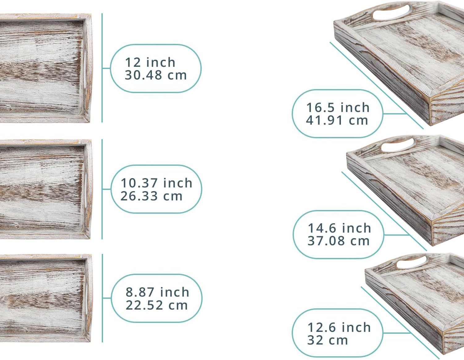Serving Trays Set of 3 - Ottoman Wood Trays for Entertainment, Food and Décor - Rustic Farmhouse Distressed Wood Finish - Rustic White