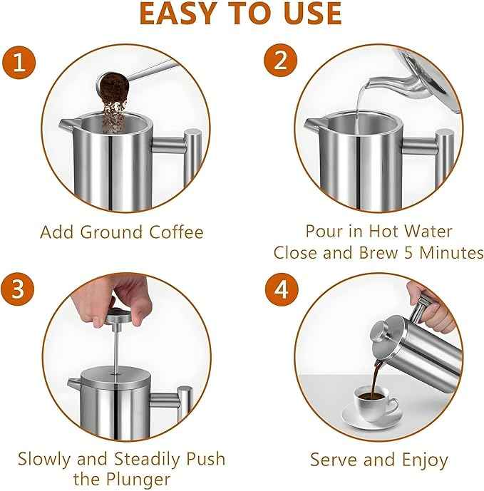 French Press Coffee Maker 34oz, Stainless Steel Double Wall Insulated, 3 Extra Filters & Coffee Spoon for Hot/Cold Brew, Durable Coffee Press for Home, Camping, Office - Silver