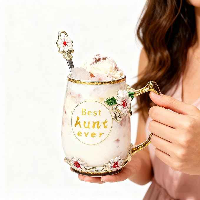 Best Aunt Ever Printed Flower Tea Glass - Hidden in Socks, Perfect Christmas Thanksgiving Gift for Aunt Auntie or Neighbor