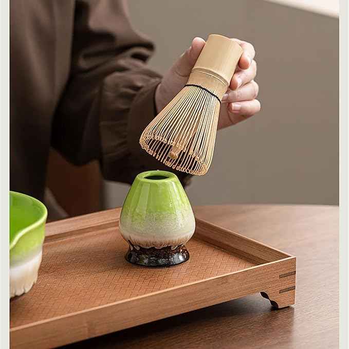 Ceramic Matcha Kit for Breakfast Afternoon Tea Contains Bowl Tea Brush Stand, Visiting Gifts Matcha Bowl Set Entertaining Guests Negotiating Business(Blue)
