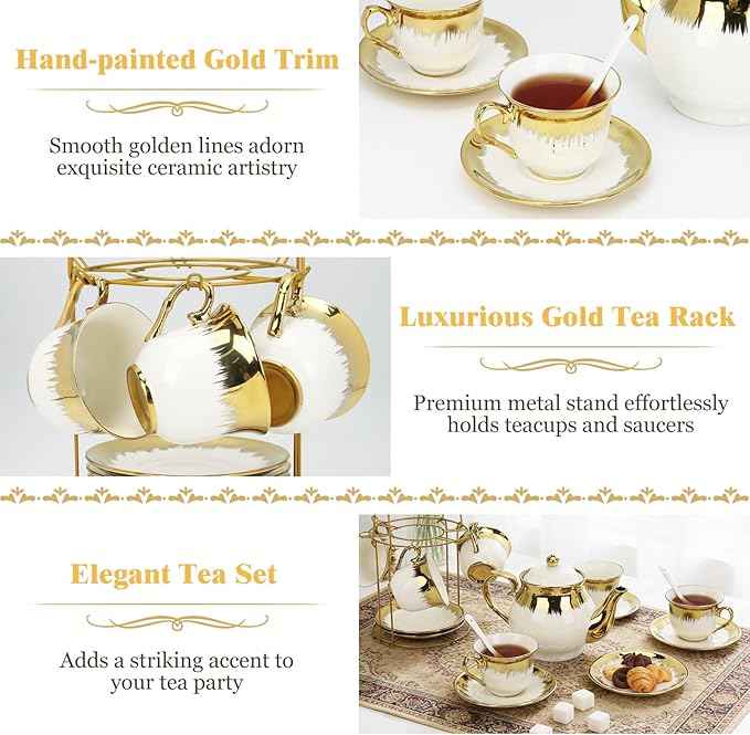 Porcelain Tea Set, Large Ceramic Tea Set for Adults with Metal Holder, 20 Pcs European Tea Cup Set, Luxury Adult Tea Sets Gift, Gold Trim Tea Cup Saucer Sets for Party Deco,1000ML (Gold Trim)