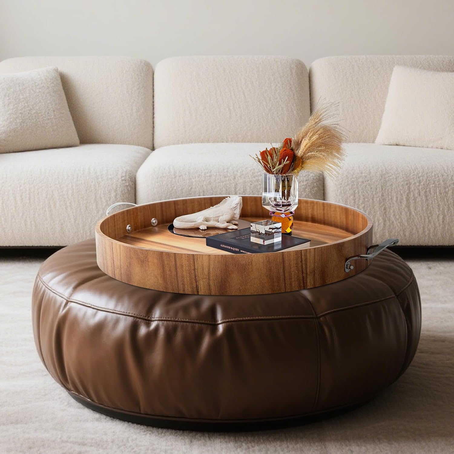 Ottoman Tray with Handles, 20 Inch Round Ottoman Tray Large Trays for Ottomans Wooden Serving Tray Decorative Trays for Living Room, Party, Breakfast, Drinks, Snacks, Appetizers