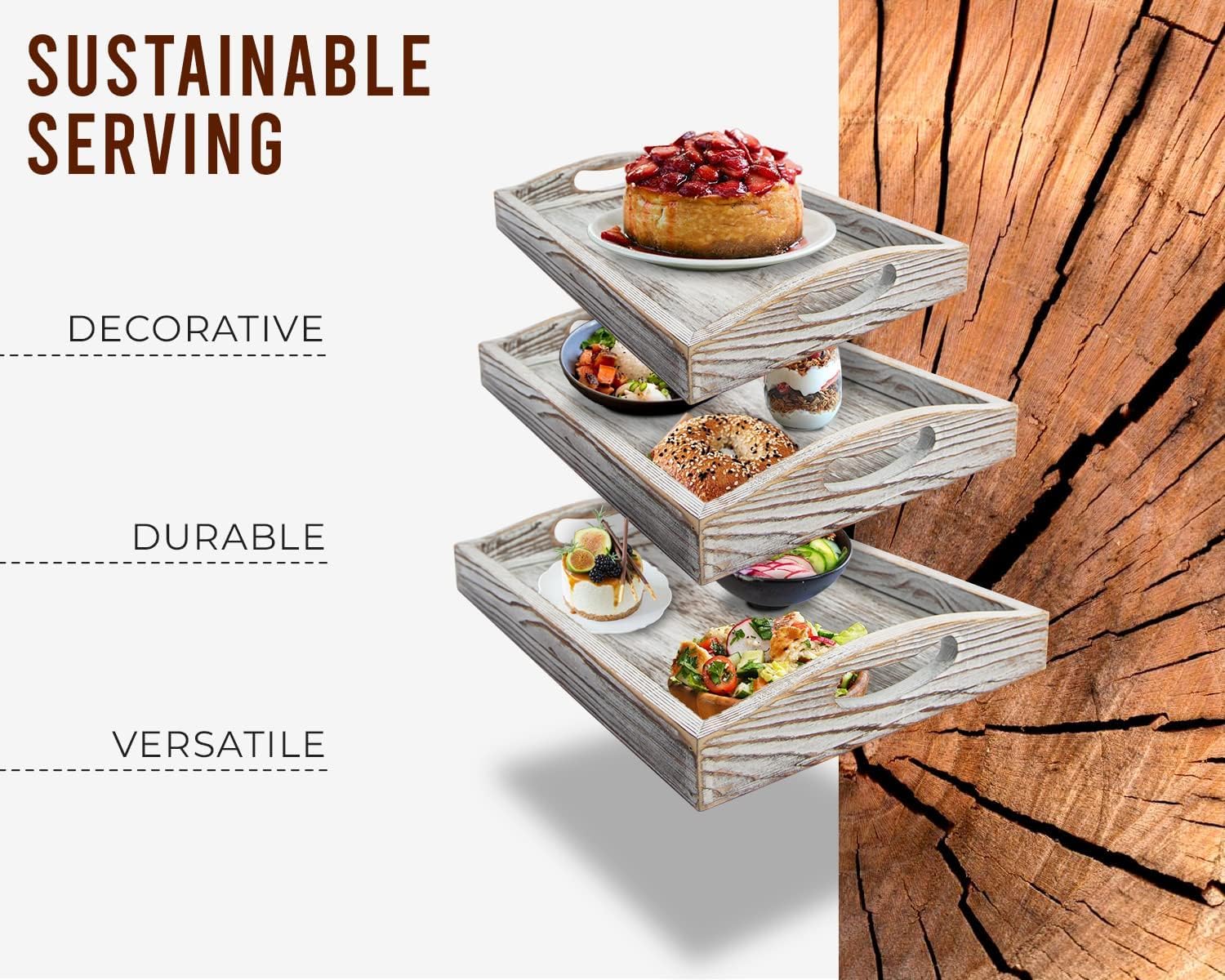 Serving Trays Set of 3 - Ottoman Wood Trays for Entertainment, Food and Décor - Rustic Farmhouse Distressed Wood Finish - Rustic White