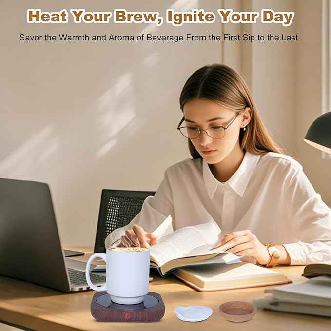 Coffee Mug Warmer & Mug Set for Desk, Electric Coffee Cup Warmer with Ceramic Mug, Smart Heated Coffee Mug with Auto Shut Off for Office/Home, Christmas/Birthday/Coffee Gifts for Men & Women, Wood