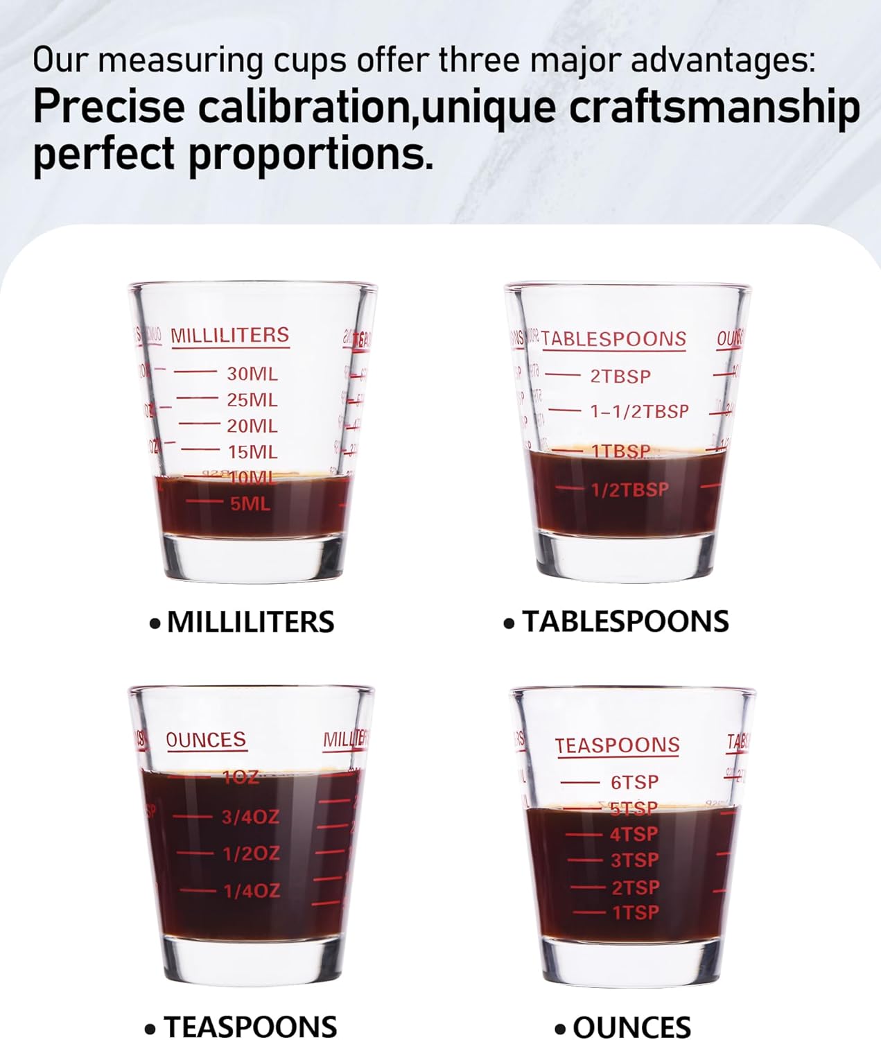 Shot Glasses Measuring Cup Set 2PACK Espresso Shot Glasses Liquid Heavy Glass 26-Incremental Measurement 1 OZ, 2 TBS, 6 TSP, 30 ML Kitchen Tools (Black)