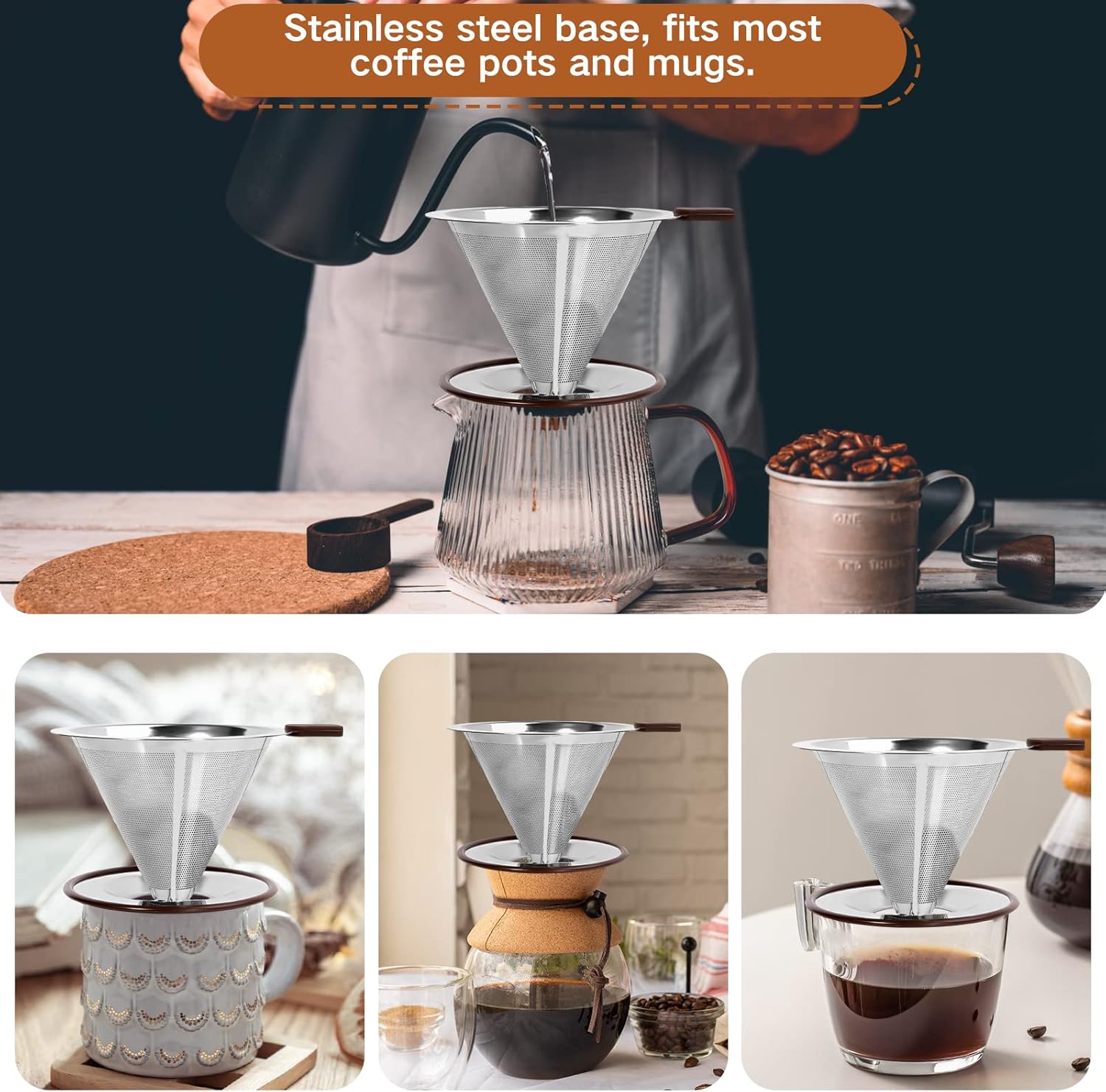 Pour Over Coffee Dripper，Reusable Stainless Steel Drip Cone Coffee Filter, Update Double Ultra Fine Micro Mesh Filter, Professional Paperless Drip Brew Coffee Cone Maker with Cup Stand,1-4 Cup - Blissbrew