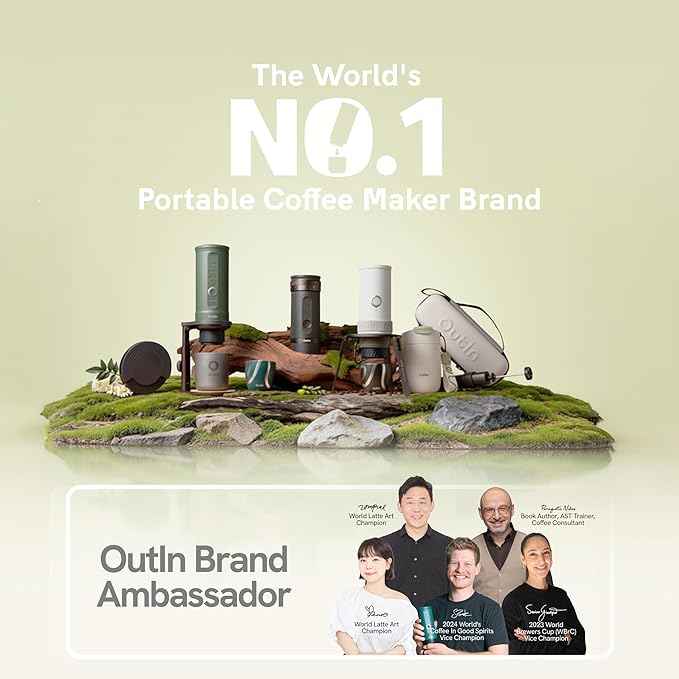OutIn Mino Portable Electric Espresso Machine, Mini Camping Coffee Maker for Travel, Pocket Sized Coffee Machine Self-Heating, Ground Coffee & NS Capsule Adapter For Adventure