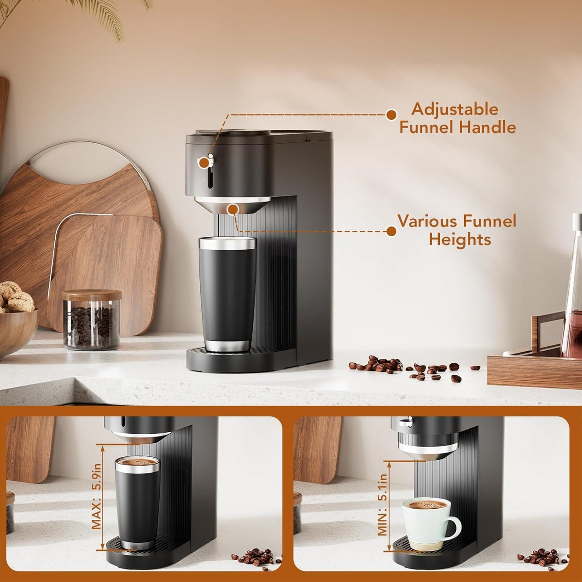 Small black coffee maker with one-button operation