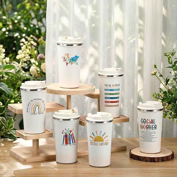 Yungyan 6 Pcs Social Work Month Gifts Social Worker Appreciation Gifts for Women Men Coworker Office Stainless Steel Insulated Tumblers Coffee Travel Mug Cup with Lid for Bsw Msw Dsw