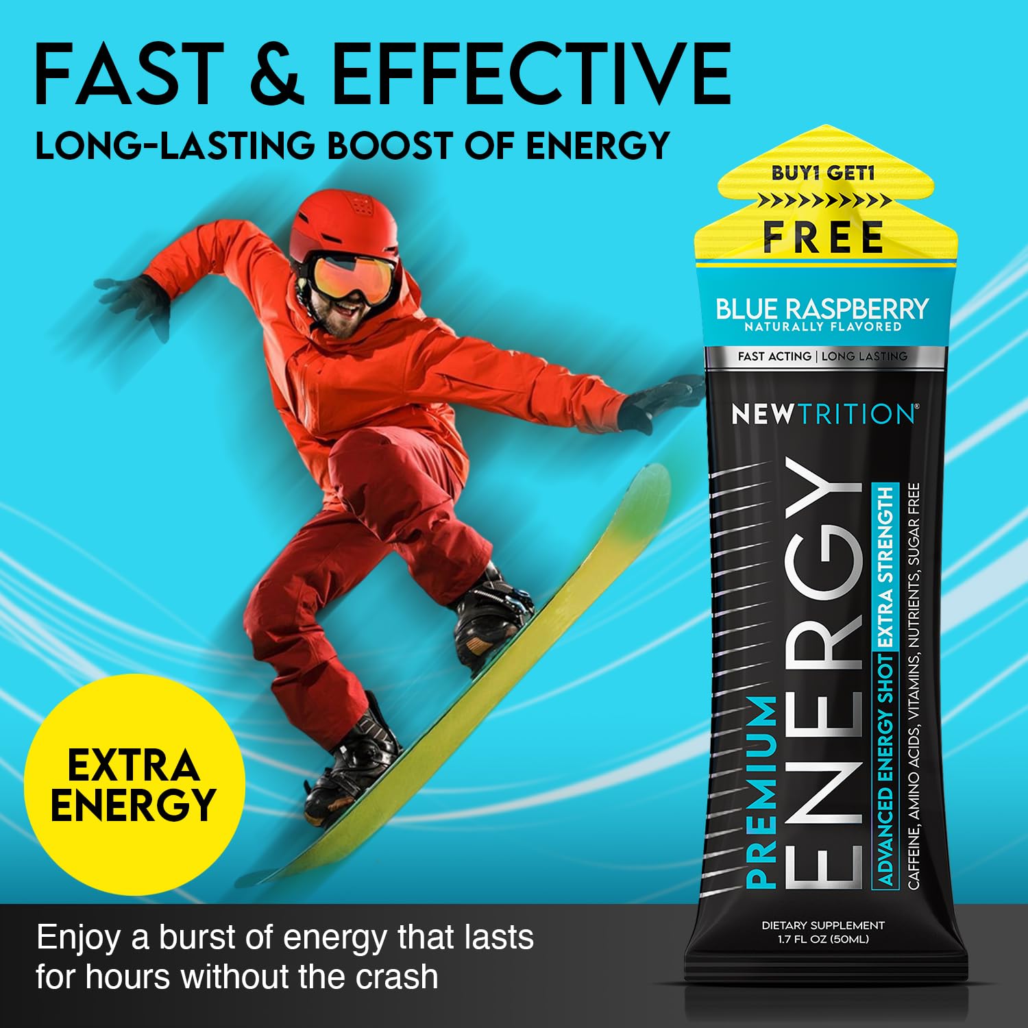 NewTrition® Extra Strength Energy Shots, 250mg Caffeine Energy Shots with Vitamin B & Amino Acids, Sugar-Free Vitamin Energy Shot, 1.7 fl oz (Pack of 12, Blue Raspberry)