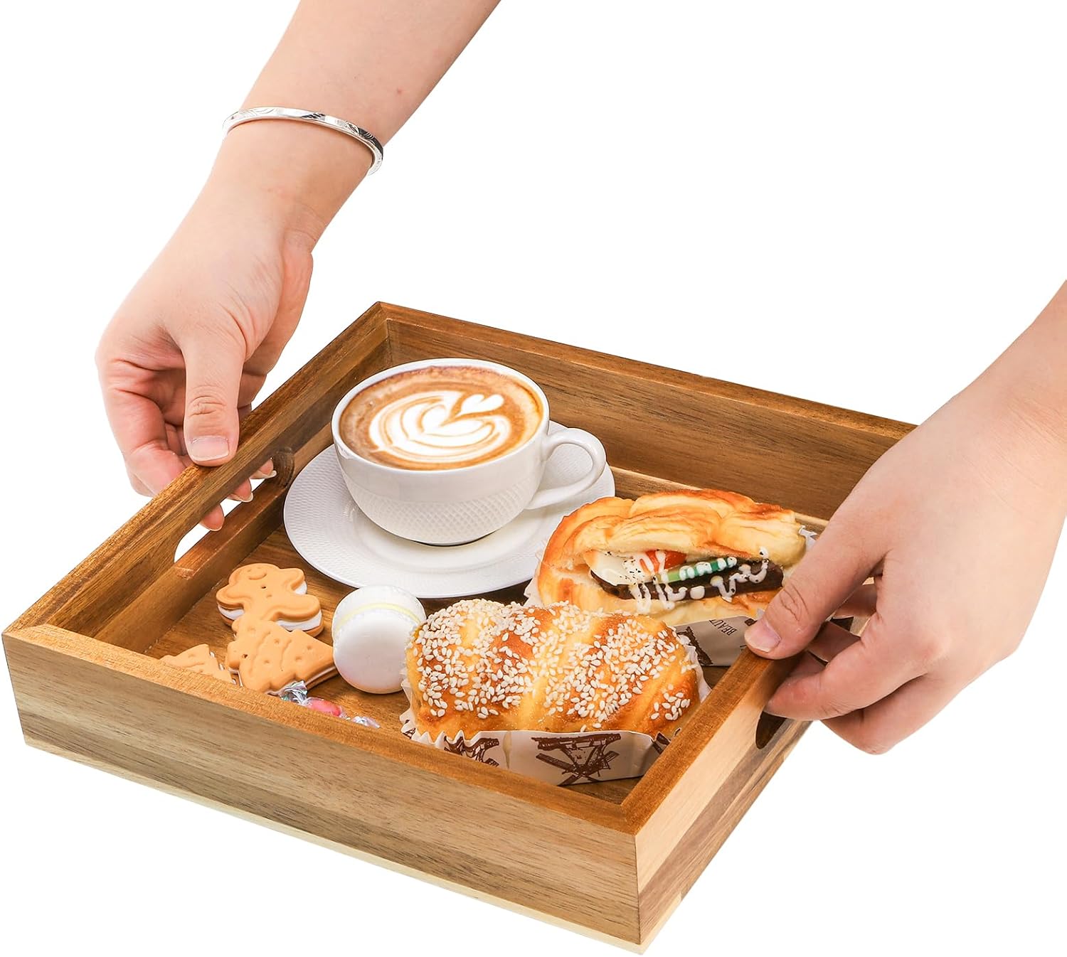 YOUEON Set of 2 Acacia Wood Serving Tray with Handles, 10x10x2 Inch Decorative Serving Trays for Food, Ottoman Tray, Square Coffee Table Trays for Dinner, Coffee, Wine, Appetizer