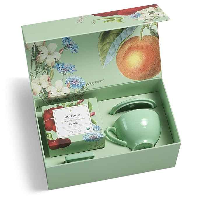 Tea Forte Fleur 3-Piece Premium Tea Gift Set with Pale Mint Green Cafe Cup with Lid, Tea Tray and 10 Assorted 2 of Each Variety Organic Handcrafted Pyramid Infuser Tea Bags