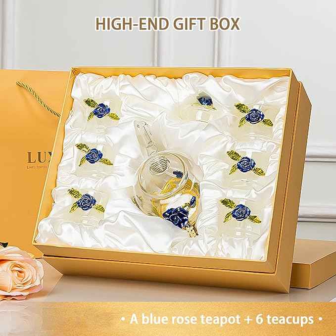 xixi-home Blue Rose Glass Tea Set，teapot heat-resistant glass tea cup 7-piece set thickened transparent craft coffee cup set fashion ladies tea set，Mother's Day gift-exquisite gift box