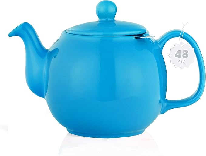 SAKI Large Porcelain Teapot, 48 Ounce Tea Pot with Infuser, Loose Leaf and Blooming Tea Pot - Blue