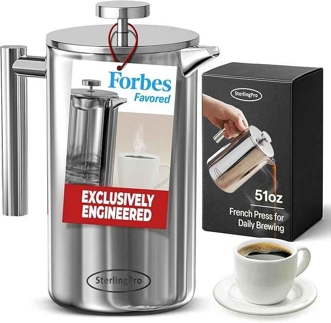 Stainless Steel French Press Coffee Maker 1.5 L (51 oz) Mirror – Double Walled Insulated Large Coffee Press, Durable Design Keeps Drinks Hot, Easy to Use and Clean for Rich Flavor Brewing