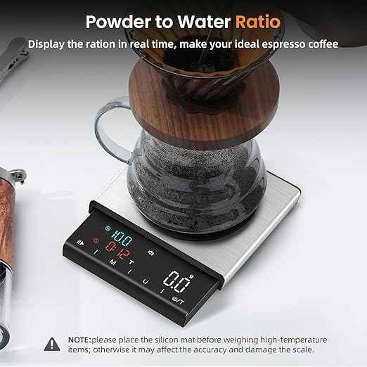 Coffee Scale with Timer, 0.1g High Precision Espresso Scale, Pour Over Coffee Weight Scale Rechargeable Coffee Scale for Espresso with Color LED Display, Touch Sensor, Silicone Cover