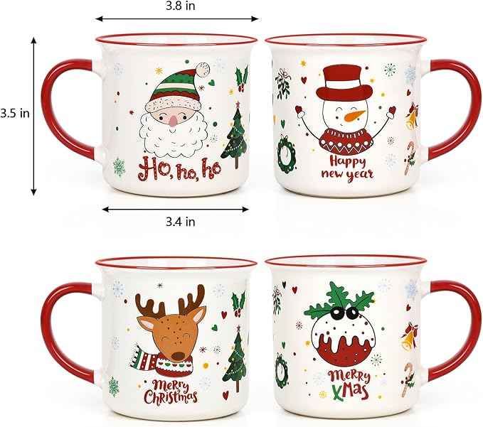 YHRJWN Christmas Mugs Set of 4, Festive Design Coffee Mugs with Santa Snowman Reindeer, Holiday Mugs for Hot Cocoa, Gifts for Family Friends, Holiday Decor, 13 Oz