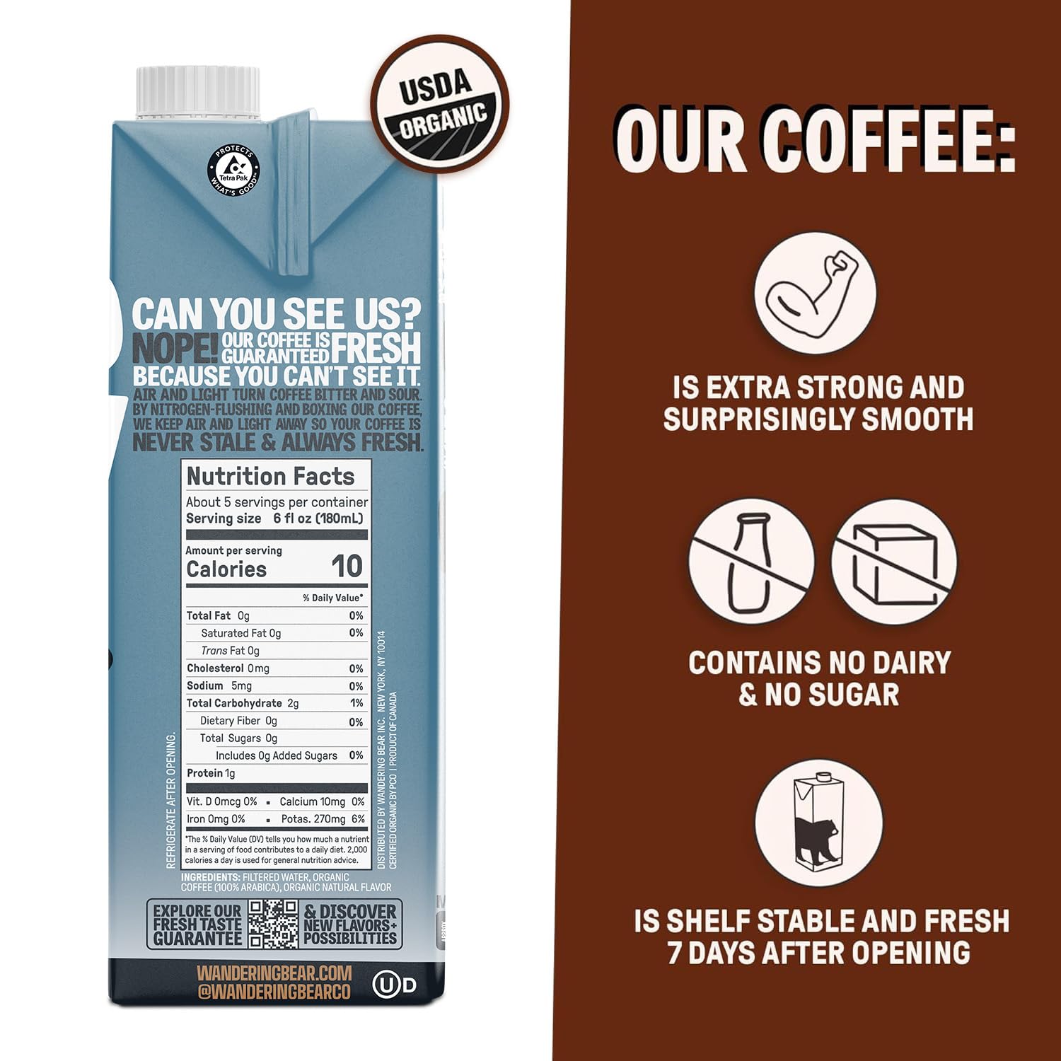 Wandering Bear Organic Vanilla Cold Brew Coffee, 32 fl oz, 6 pack - Extra Strong, Bold, Smooth, Unsweetened, Shelf-Stable, Ready to Drink, Gluten Free, & Vegan, Iced Cold Brewed Coffee Drinks