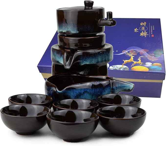 Chinese Gongfu Tea Gift Set, Service Automatic Stone-Mill Design Handmade Ceramics Tea Pot 6 Cups Japanese Kung Fu Tea for Adults Men Women Tea Ceremony Party Home Office Decor (colorfuly)